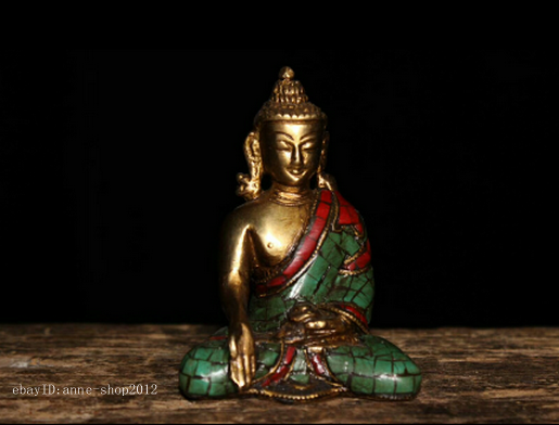 7.5cm Old Tibet Bronze Handmade Sakyamuni Buddha inlay Turquoise Statue AZYC