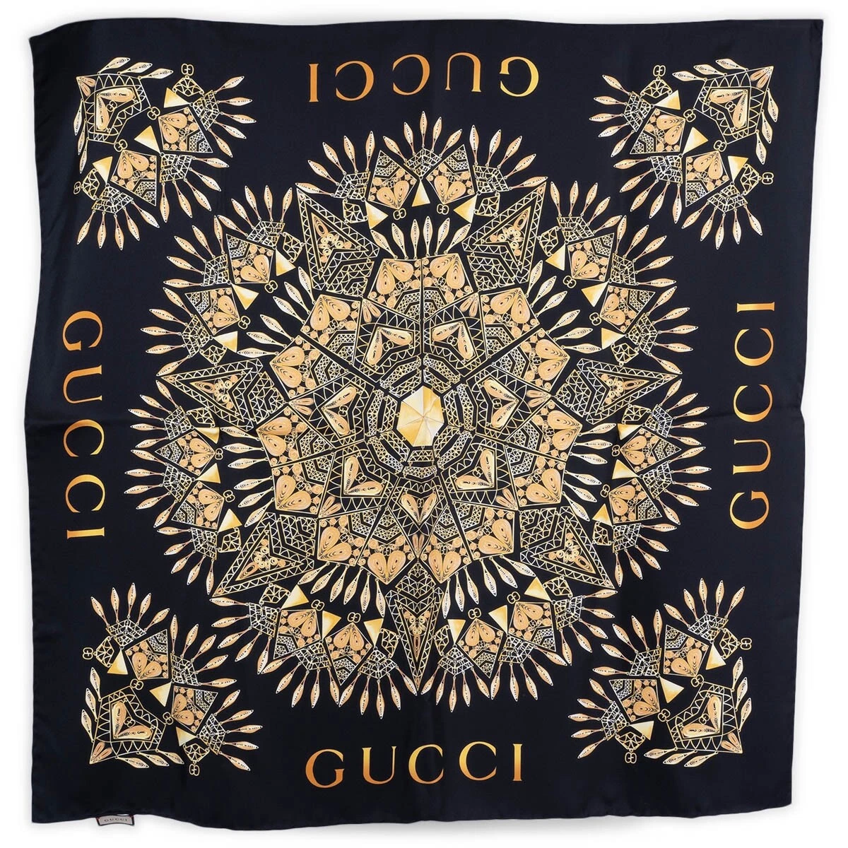 68215 authentique GUCCI noir, beige et or soie sergé MANDALA 90