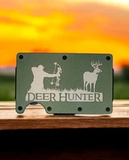 Engraved in USA  "Deer Hunter," Slim Wallet, RFID Blocking Aluminum Archery Hunt