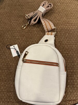 Telena Small White Tan Sling Crossbody Fanny Packs Chest Bag Purse Adj Strap NEW