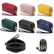 Genuine Leather Women's Wallet Zipper Coin Card Pocket Wrist Strap Purse Handbag