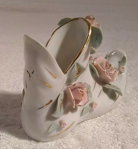 Weißer Porzellan Alladin Schuh mit rosa Rosen, gold vergoldet. Made in Italy 40er Jahre - Bild 5 von 12
