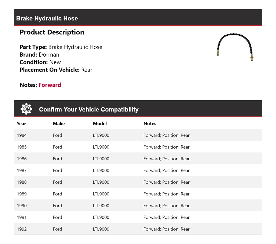 For 1984-1992 Ford LTL9000 Dorman Brake Hydraulic Hose Rear 1985 1986 1987 1988 - Image 2 of 4