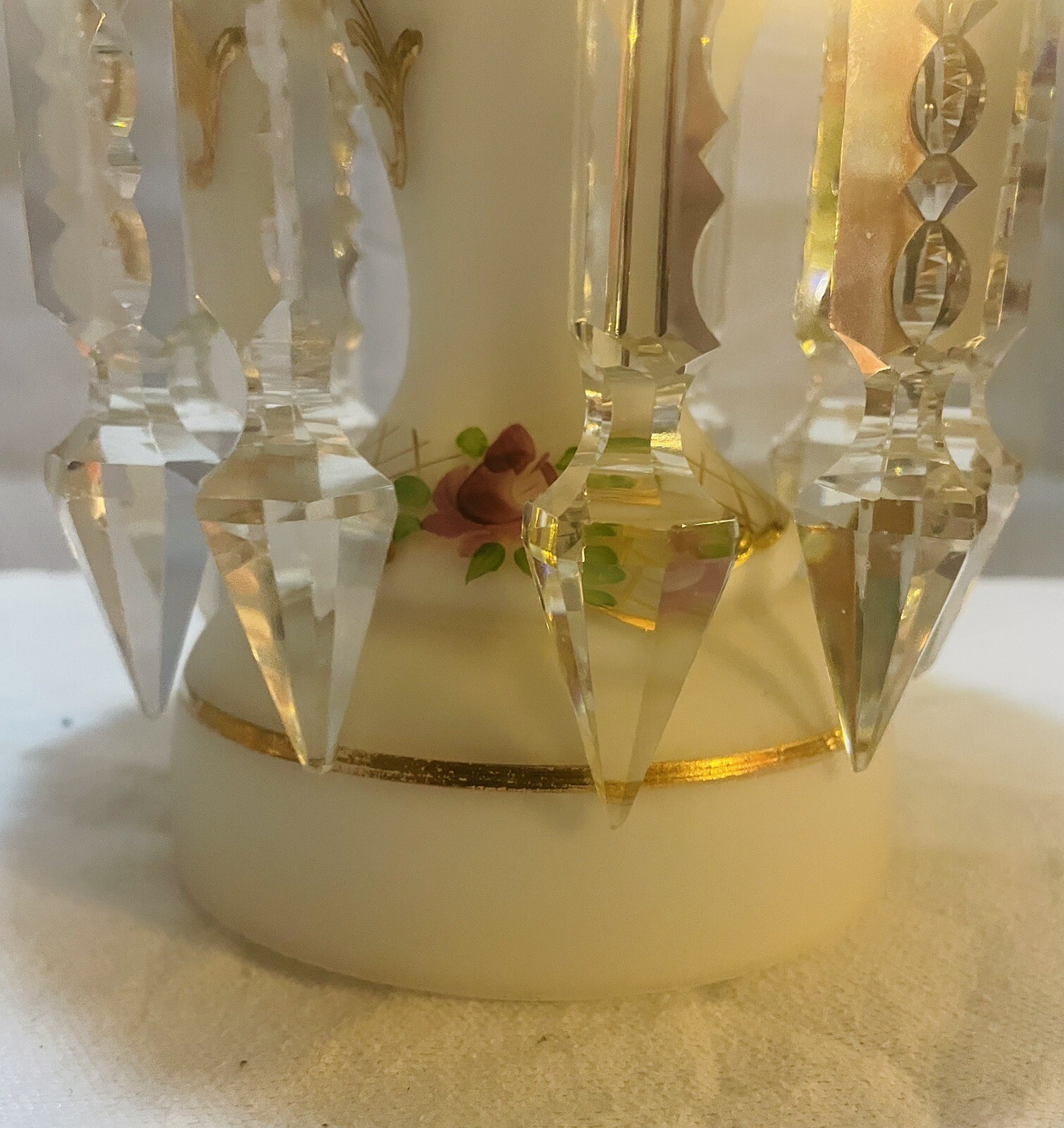 Antique Bohemian 10.5” Mantle Lusters. White Hand Painted W/ Crystal