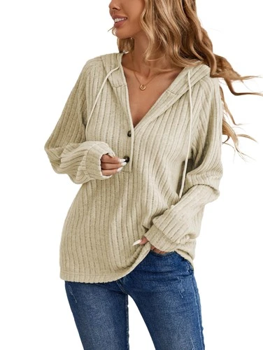 Women's V-Neck Button-Up Hooded Sweatshirt Long Sleeve – Beige S