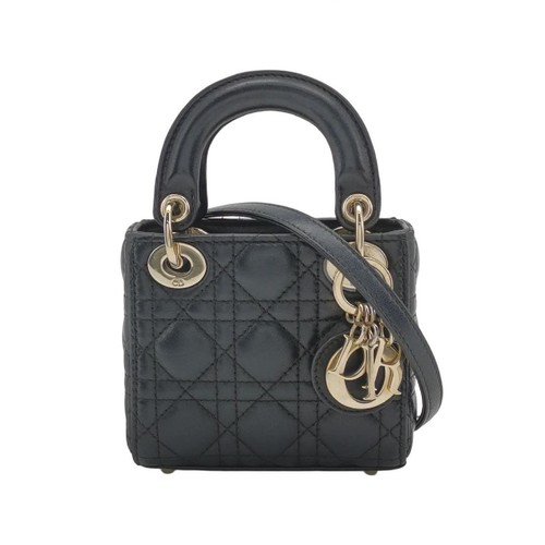 DIOR Lady Dior Mini Black Lambskin Cannage Quilted Tote Bag Crossbody