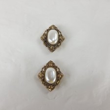 Vintage Ornate Gold Tone Button Covers With Faux Pearl Oval Cabochon Insert Set