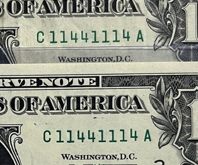 #ad Match of 2 Exact Same Binary Fancy Serial Number $1 Bills Matching Pair Notes $199.99