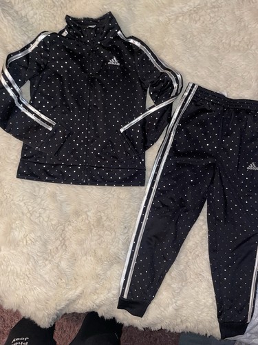 2 Piece GIRLS ADIDAS TRACKSUIT Black/glitter Silver JACKET & PANTS SIZE 6 - Picture 2 of 9