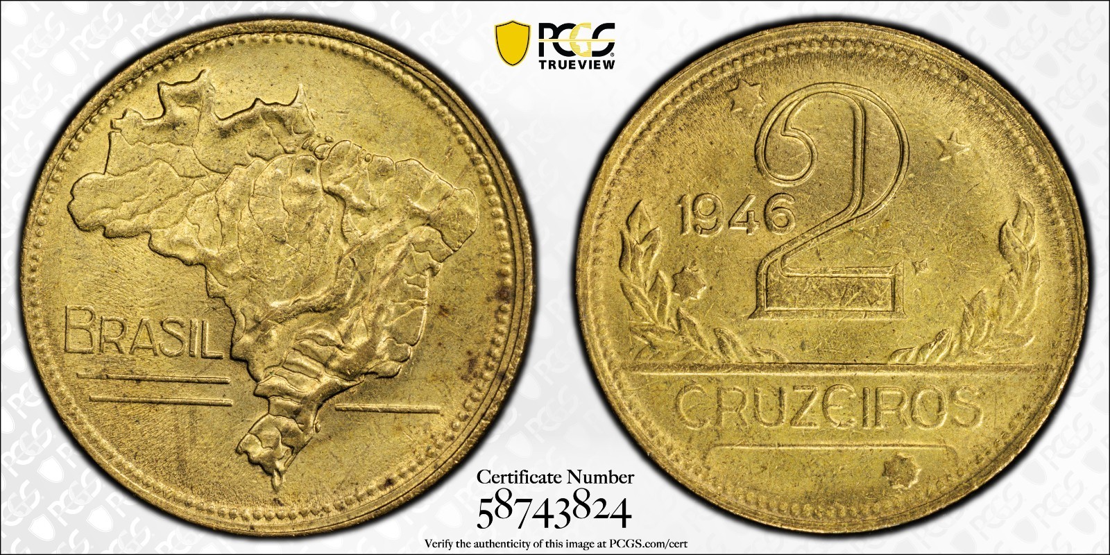 Brazil 1946 2 Cr Mald-675.08 PCGS MS 64