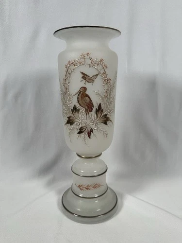 12.75” Vintage Bohemian Opaline/Milk Glass Pedestal Vase – Enameled Bird & Gilt