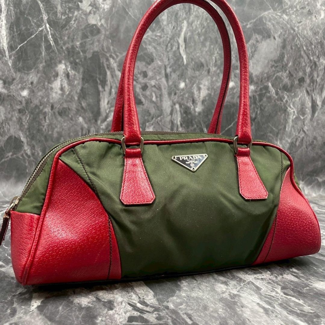 PRADA Women's Boston Bag Handbag Nylon Leather Khaki Red Used Authentic