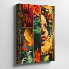 Surreal Abstract Canvas Wall Art Modern Cityscape Moon Flower And Faces Print