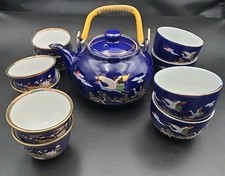 vintage hand painted japanese cobalt blue tea set porcelain Peacocks