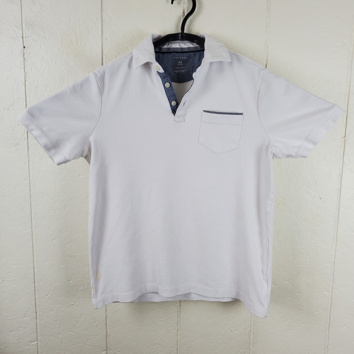 Tahari Polo Shirt Mens Medium White Collared 1/4 Button Short Sleeve Pocket  Logo