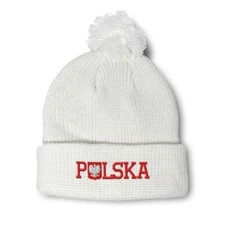Pom Pom Beanies for Women Polish Flag Polska A Embroidery Acrylic Skull Cap