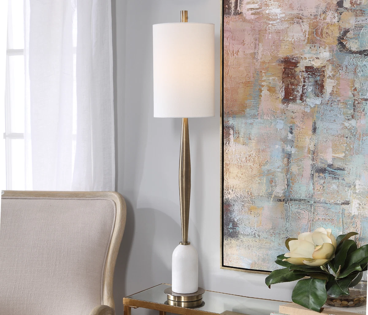 Slim Minimalist Mid Century Modern Buffet Table Lamp Brass White