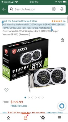 MSI GeForce RTX 2070 Ventus GP 8GB GDDR6 Graphics Card MSI GeForce RTX 2070 Ventus GP 8GB GDDR6 Graphics Card