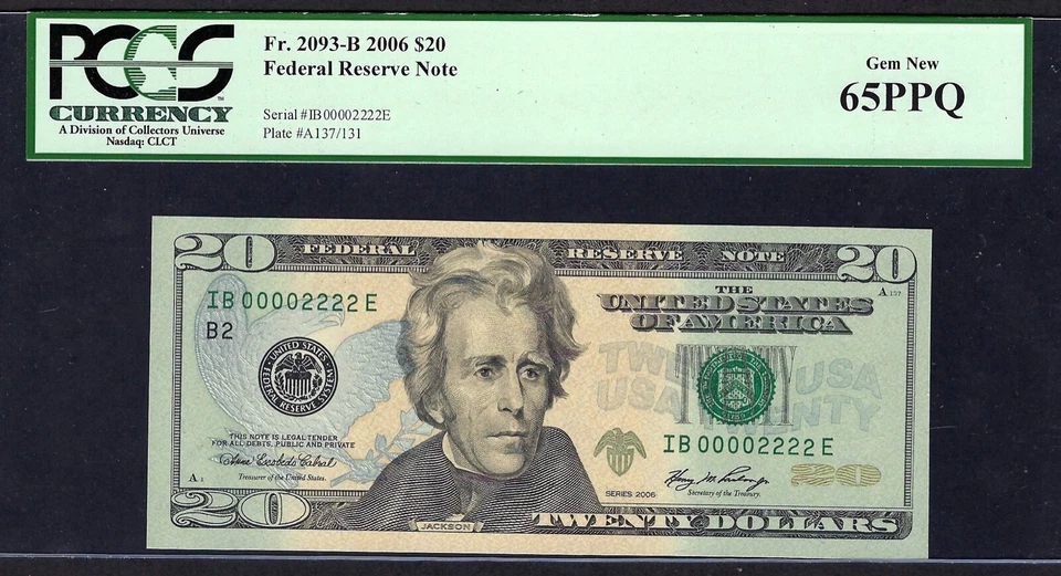 🇺🇸 2006 $20 DOUBLE QUAD S/N ♚♚IB 00002222 E♚♚  PCGS GEM NEW 65 PPQ AMAZING! - Image 2 of 3