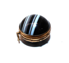 VICTORIAN BANDED AGATE BALL LOCKET PENDANT GOLD PLATED ANTIQUE SPHERICAL LOCKET