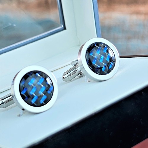 Geoffrey Beene Mens Silver Tone Cufflinks Dress Shirt Cuffs Blue Gunmetal Weave - Picture 4 of 10