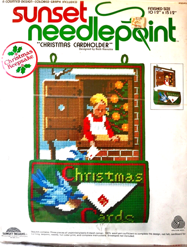 1980 Sunset Plastic Canvas Kit "CHRISTMAS CARDHOLDER" or NOTEPAD & PEN REST NEW - Picture 2 of 4