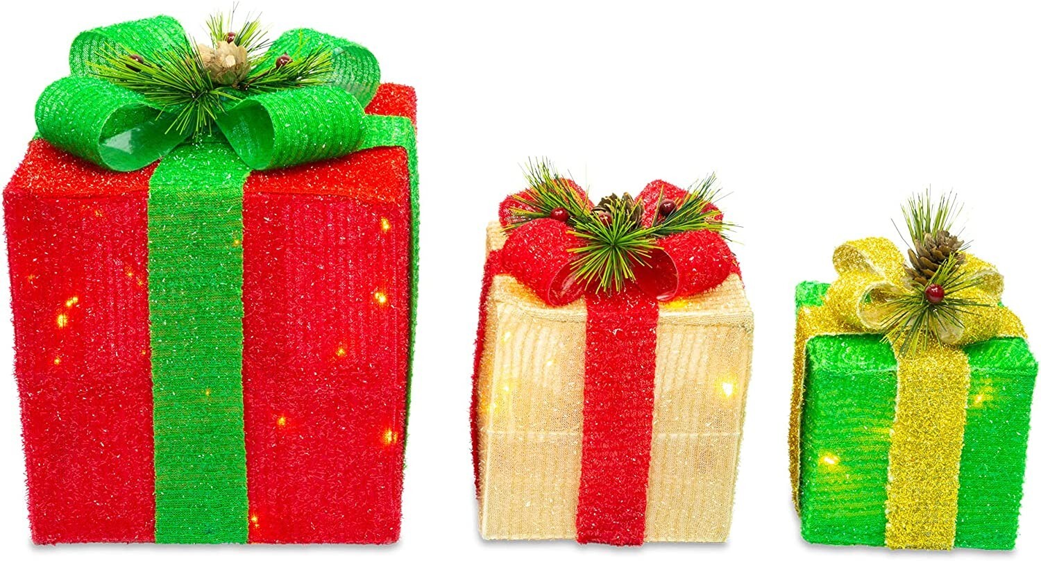 Set Of 3 Electric LED Light Up Christmas Presents Parcel Sparkle Gift