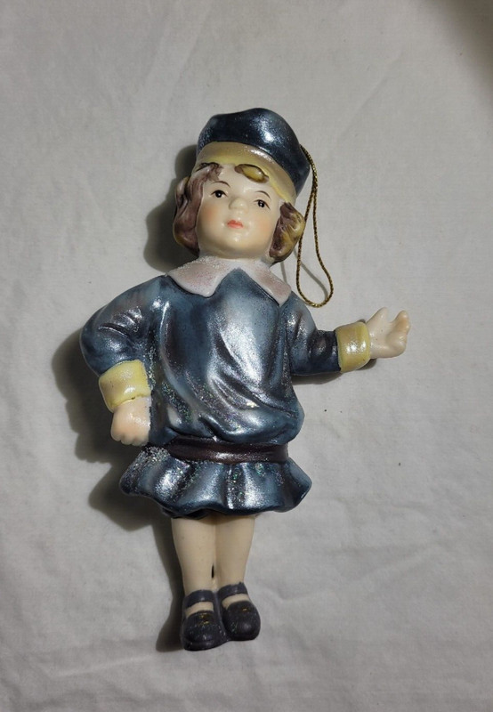 Little Boy Blue Porcelain Christmas Ornament Bell Dangle Legs Shimmery