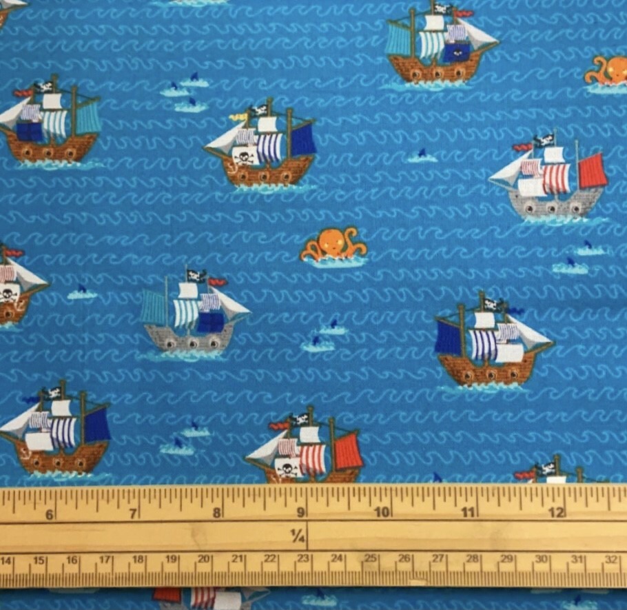 Fat Quarter Pirates Galleons Ships at Sea Dark Blue Allover Cotton Quilting Fabr