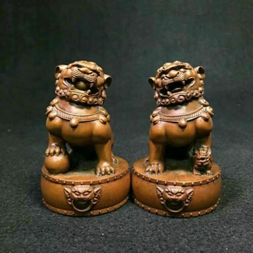 Coppia statue in legno di bosso cinese intaglio fengshui leone fu foo cane guardiano bestia - Foto 1 di 6