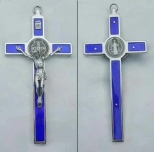 St. Benedict Crucifix Nickel Plated Enamel - Blue 6"