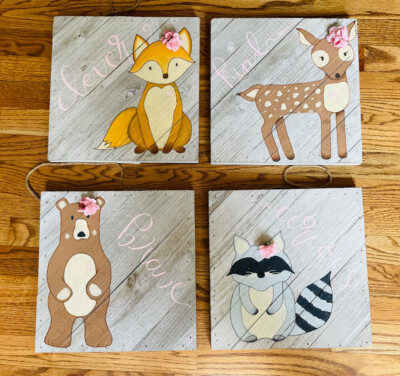 Set 4 Wall Art Girl's Kids Baby Nursery Wall Decor Bear Fox Deer Racoon Animals