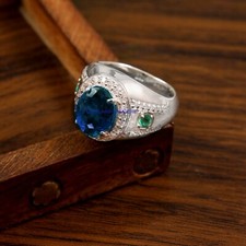 Natural Landon Blue topaz Emerald  CZ Gemstones 925 Sterling Silver Men's Ring