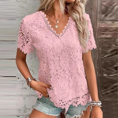 Womens V-Neck Lace T-Shirt Tops Ladies Short Sleeve Summer Casual Loose Blouse - Picture 6 of 22