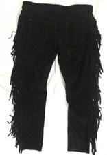 Men Native American Western Cowboy Leather Pants Suede Leather Fringe - Black