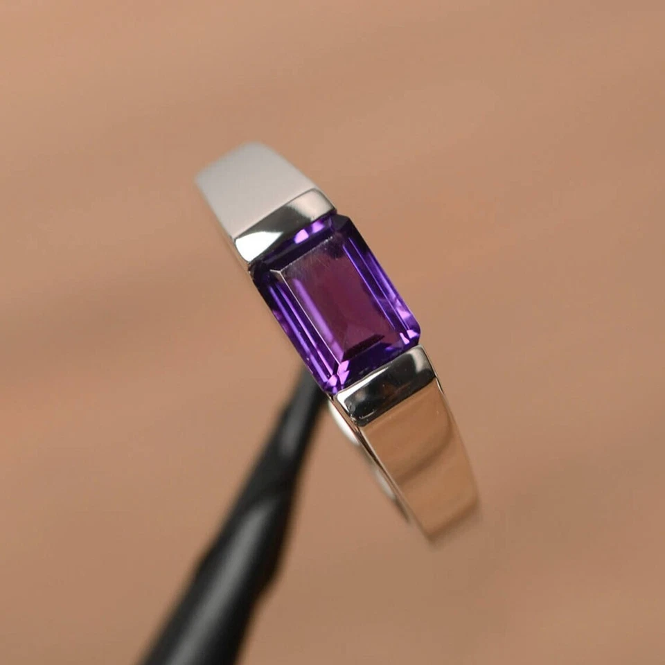 Natural Purple Amethyst Emerald Cut Gemstone Women Ring 925 Sterling Silver - Image 2 of 4