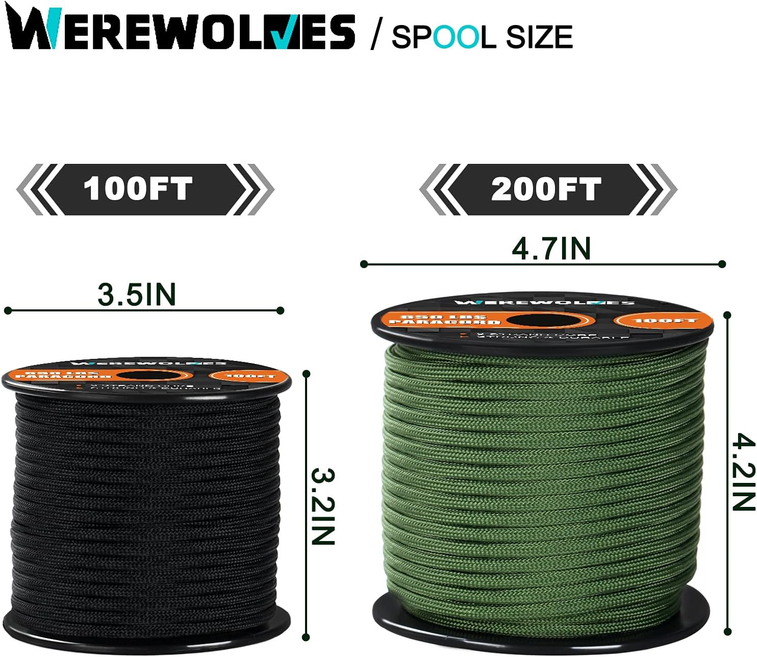 650Lb Paracord/Parachute Cord - 9 Strand Paracord Rope - 100', 200' Spools of Pa