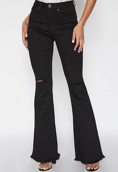 YMI High Rise Flair Frayed Hem Busted Knees Black Jeans