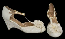 POETIC LICENCE "Spitfire" Leather Fabric T-Strap Wedge Shoes ~ 7.5 M ~ London