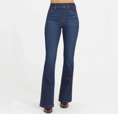 Spanx Jeans Women's Large Dark Midnight Blue Flare Pull On Tummy Control LONG