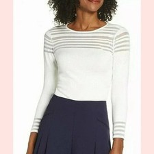 Eliza J White Mesh Insert Knit Long Sleeve Top Size Medium NWT