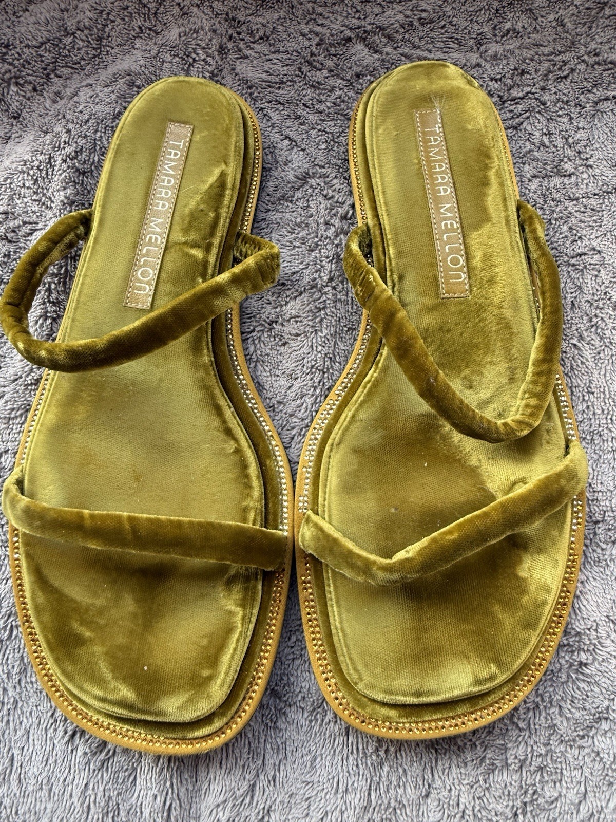Tamara Mellon Olive Console Velvet Slides Sandals Rhinestone Flat Slip-On 7.5