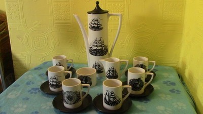 Seltenes Portmeirion Segelschiff komplettes Kaffeeservice Kanne 6 Tassen Untertassen Zucker Milch 1960