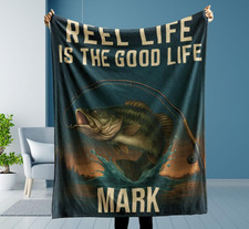 Fishing Flannel Blanket   Personalized Name Bass Fish Gift
