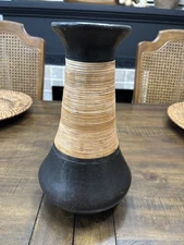 Vintage Ceramic Black Vase Wrapped In Bamboo 10 1/2 by 6 Inches