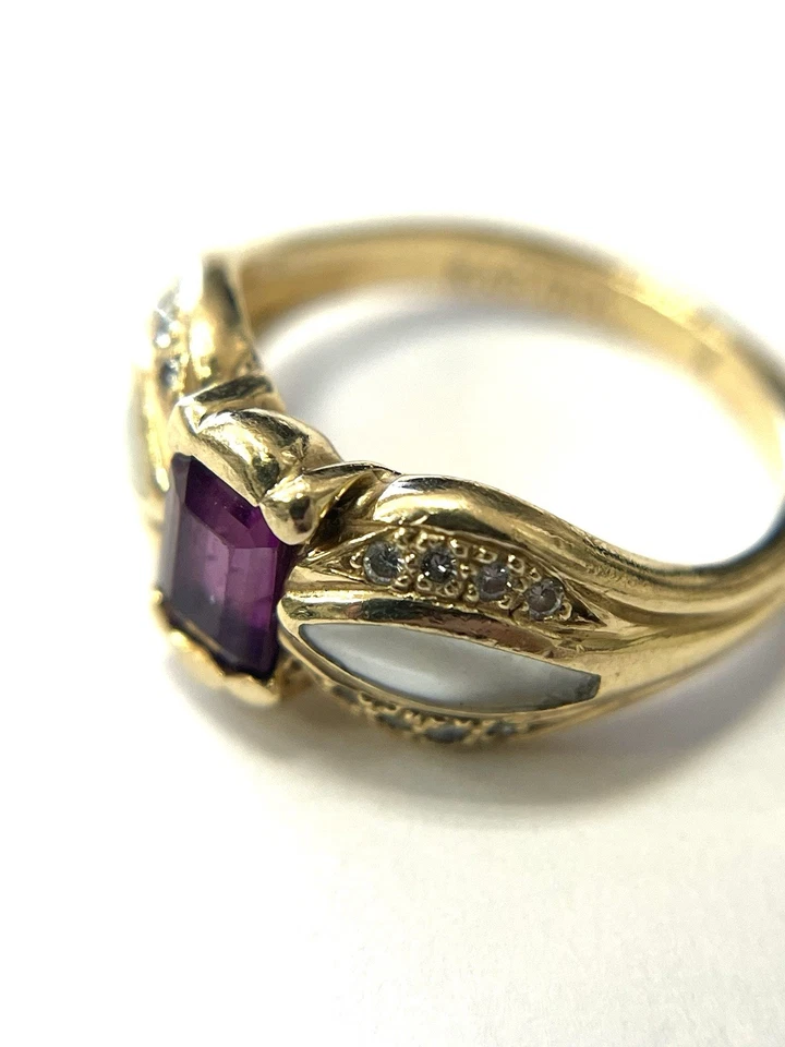Кольцо из желтого золота 14 карат с аметистом бриллиантом и жемчугом KABANA размер 5 - Изображение 4 из 4