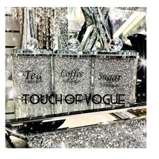 Set of 3 Glass Canisters for Tea, Coffee & Sugar – Silver Crystal Filled, Dis...
