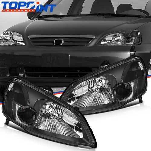 Pair For 2001-2003 Honda Civic Headlight Assembly Halogen Reflector 1.7L