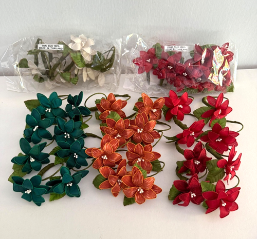 Vintage Thai Silk Flower Red Gray Orange Green Leaves Wire Rim Napkin Holders 40 - Picture 2 of 13