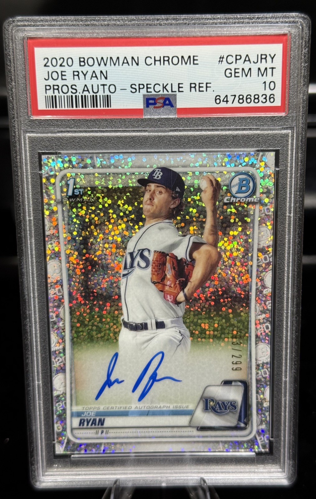 2020 Bowman Chrome Joe Ryan Rookie Auto 1st Bowman Speckle Refractor /299 PSA 10